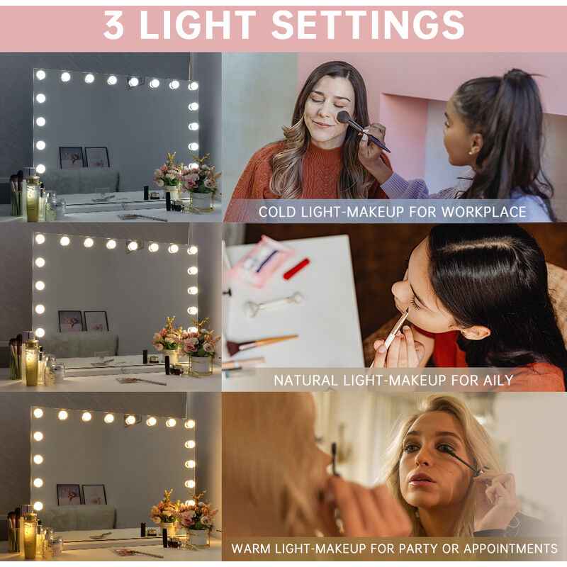 FENCHILIN Hollywood Mirror with Lights 18 LED Bulbs 80x60 cm USB Charing Port Vanity Mirror with Lights Makeup Mirror wiht Lights 3 Light Color Ligted Hollywood Vanity Mirror 10X Magnifying Glass whit - Image 3
