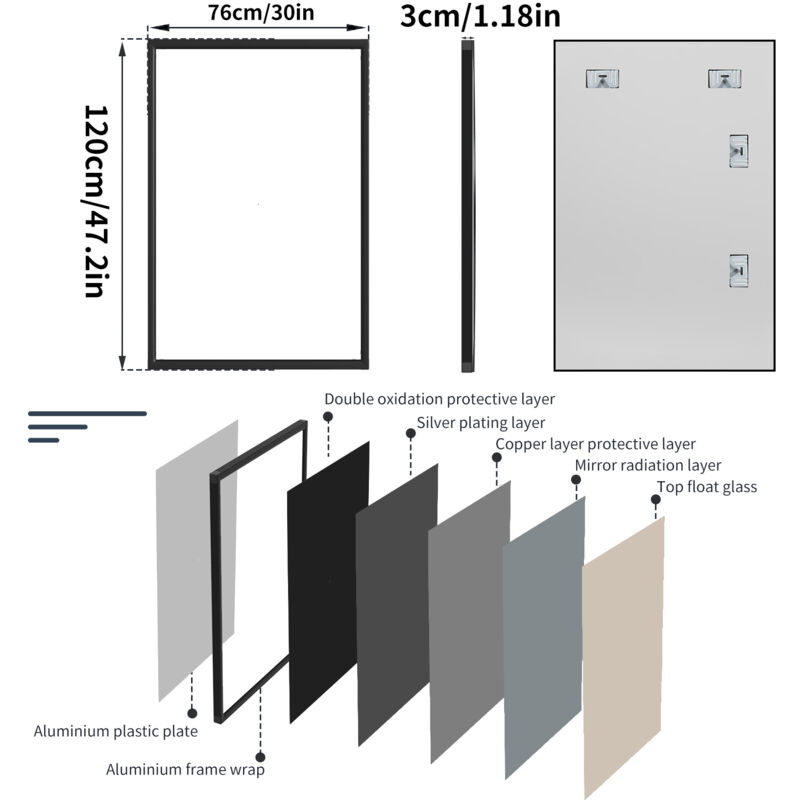 Full Length Wall Mounted Mirror Aluminum Alloy Framed Vertical Horizontal Hung - Image 3