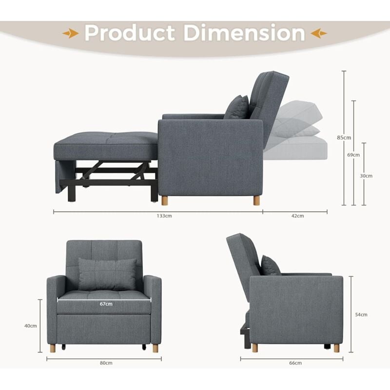 YODOLLA Sleeper Chair, 3 in 1 Chair Bed Sleeper for Adults, Fold Out Sofa Cama with Pillow and Convertible Backrest, Multi-Functional Couch Loveseat Reading Chair for Small Space, Dark Grey - Image 2