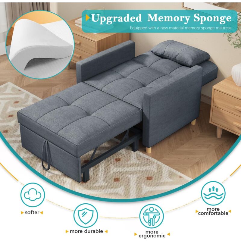 YODOLLA Sleeper Chair, 3 in 1 Chair Bed Sleeper for Adults, Fold Out Sofa Cama with Pillow and Convertible Backrest, Multi-Functional Couch Loveseat Reading Chair for Small Space, Dark Grey - Image 3