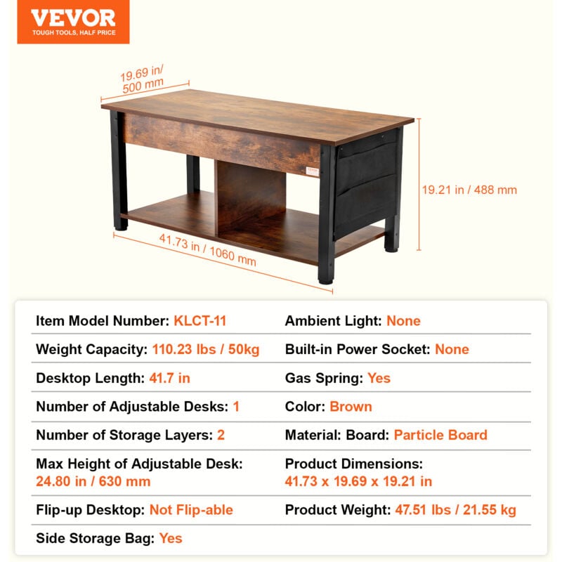 VEVOR Lift Top Coffee Table, 41.7 in Rectangle Coffee Table with Extra Storage Pockets, Pop Up Coffee Table for Living Room, Brown - Image 2