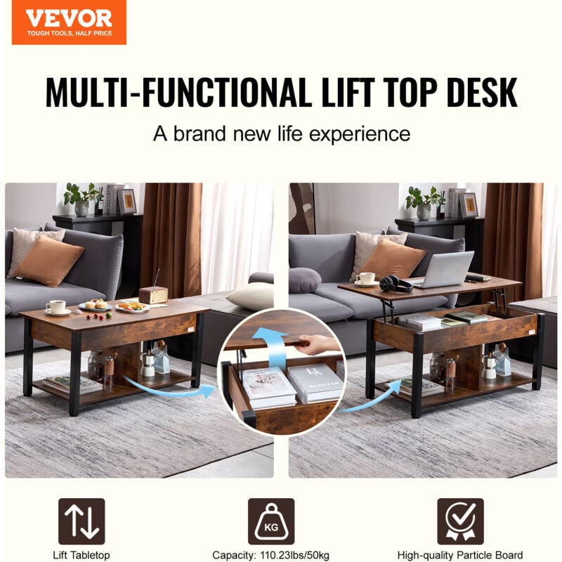 VEVOR Lift Top Coffee Table, 41.7 in Rectangle Coffee Table with Extra Storage Pockets, Pop Up Coffee Table for Living Room, Brown - Image 3