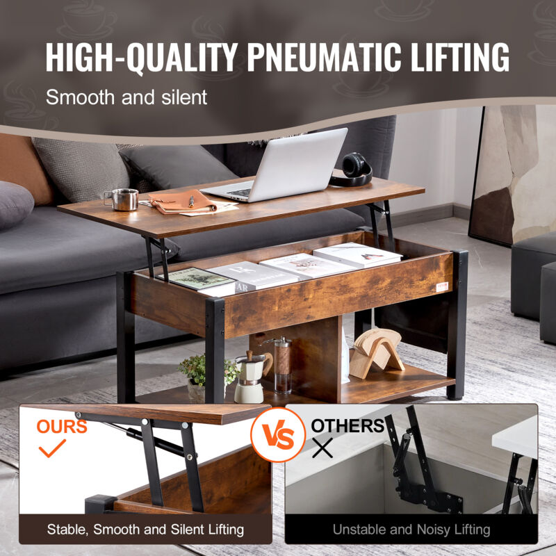 VEVOR Lift Top Coffee Table, 41.7 in Rectangle Coffee Table with Extra Storage Pockets, Pop Up Coffee Table for Living Room, Brown - Image 4