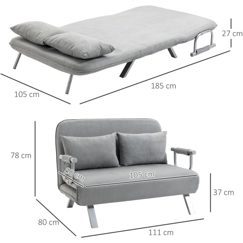 HOMCOM Fabric Convertible 2 Seater Sofa Bed w/ 2 Pillows, Light Grey - Image 2