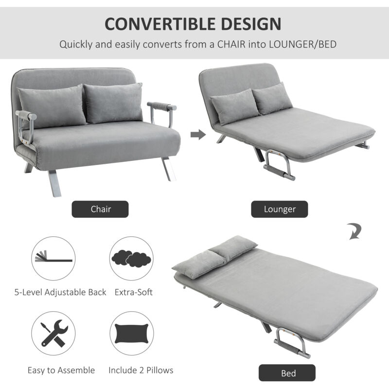 HOMCOM Fabric Convertible 2 Seater Sofa Bed w/ 2 Pillows, Light Grey - Image 4