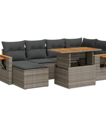 7 Piece Garden Sofa Set with Cushions Grey Poly Rattan Acacia vidaXL