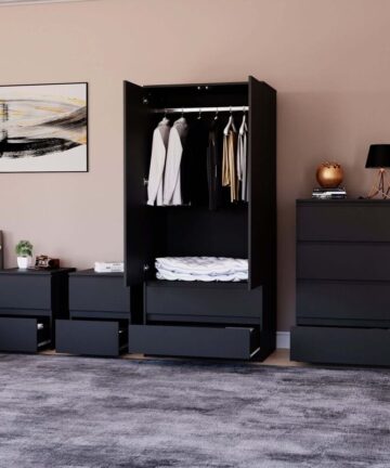 4 Piece Denver Bedroom Set, 2 Drawer Large Bedside Chest x2, 4 Drawer Chest, 2 Door 2 Drawer Wardrobe, Black
