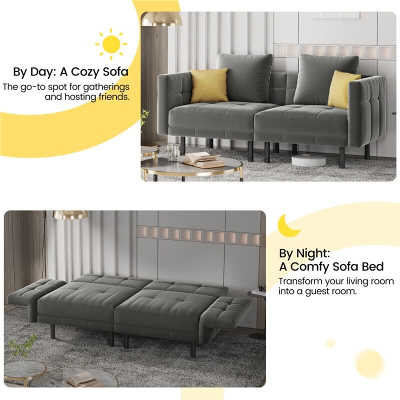 Yaheetech Velvet Convertible Sofa Bed with 4 Pillows, Grey - Image 4