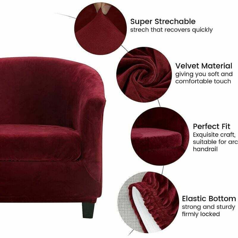 Velvet Club Chair Cover Two Piece Set Stretch Convertible Living Room Armchair Cover with Cushion Cover (Wine Red) - Image 3