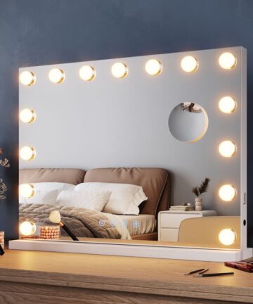 ELEGANT Hollywood Vanity Mirror 58x43cm with Bluetooth Speakers Hanging Makeup Mirror with 15 Dimmable Bulbs and 10X Magnifying Mirror 3 Color Lighting, USB Charging Port