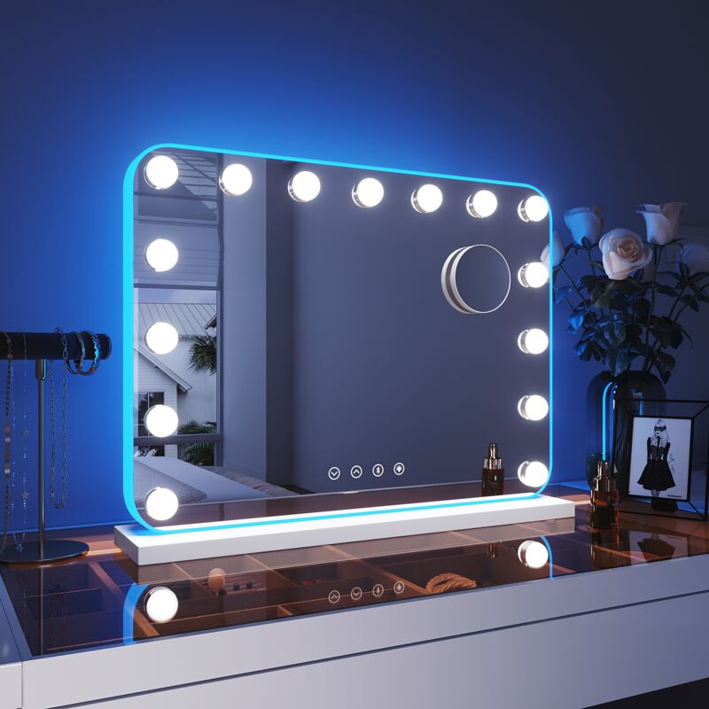ELEGANT Hollywood Bluetooth Vanity Mirror 58x43cm with RGB Lights Hanging Makeup Mirror with 15 Dimmable Bulbs and 10X Magnifying Mirror Smart Touch 3 Color Lighting Modes - Image 2