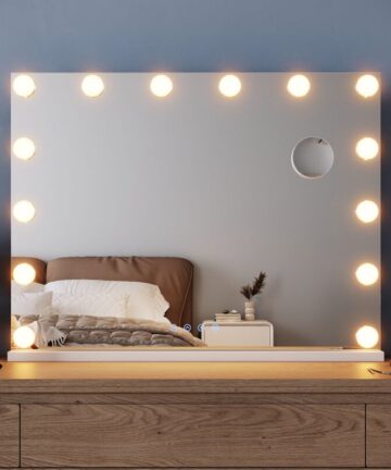 ELEGANT Hollywood Vanity Mirror 80x60cm with Bluetooth Speakers Hanging Makeup Mirror with 14 Dimmable Bulbs and 10X Magnifying Mirror 3 Color Lighting, USB Charging Port