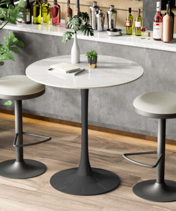 100cm Tall Round Dining Table Marble Modern Tulip Table Slate Tabletop with Metal Black Pedestal Base, Bistro Kitchen Dining Room, Glossy White
