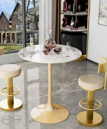 100cm Tall Round Dining Table Marble Modern Tulip Table Slate Tabletop with Golden Pedestal Base, Bistro Kitchen Dining Room, Jade White