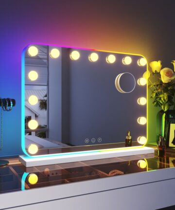 ELEGANT Hollywood RGB Lights Vanity Mirror 58x43cm Makeup Mirror with 15 LED Bulbs and 10X Magnifying Glass for Dressing Table Touchscreen 3 Color Modes