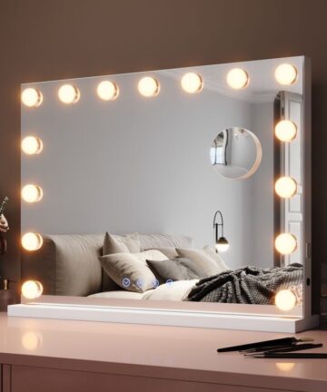 ELEGANT Hollywood Vanity Mirror 58x43cm with Music Speaker USB Charging Port Makeup Mirror with 15 LED Bulbs and 10X Magnifying Glass Touchscreen 3 Color Modes