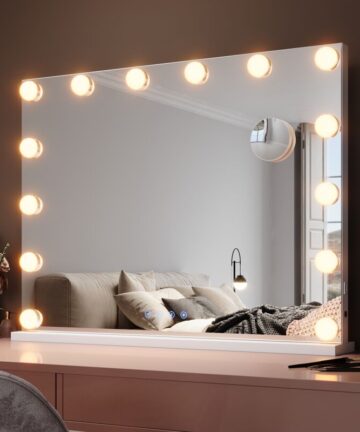 ELEGANT Makeup Mirror with Bluetooth Speakers 80x60cm USB Charging Port Vanity Mirror with 14 LED Bulbs and 10x Magnifying Glass Touchscreen 3 Color Modes