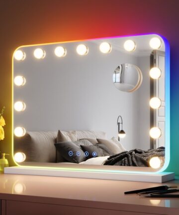 ELEGANT Hollywood RGB Lights Vanity Mirror 58x43cm with Bluetooth Speaker Makeup Mirror with 15 LED Bulbs and 10X Magnifying Mirror Touchscreen 3 Color Lighting Modes
