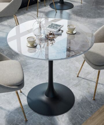 Round Dining Table Marble Modern Tulip Table Slate Tabletop with Metal Black Pedestal Base, Bistro Kitchen Dining Room, Jade White