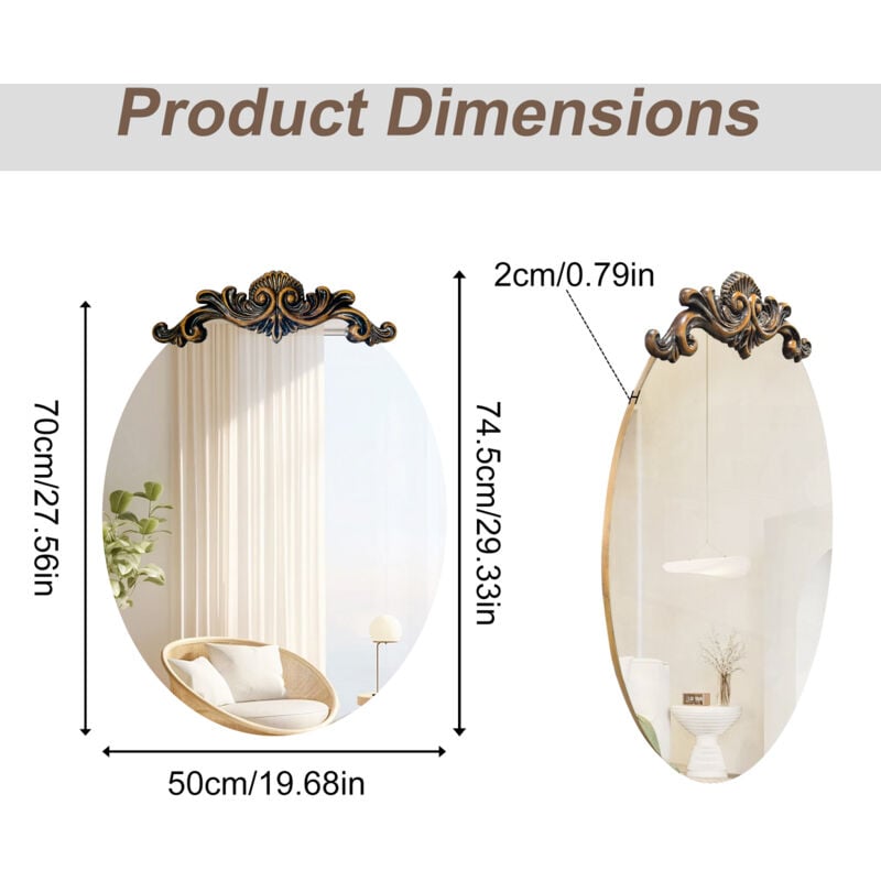 Vintage Baroque Oval Mirror Antique Brass Wall Mirror for Entryway Fireplace Hallway Bathroom Living Room - 50cm x 70cm - Image 3