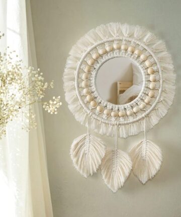Boho Macrame Fringe Wall Mirror with Wood Beads Feather Pendant Round Wall Art Mirror for Bedroom Hallway Living Room Home Decor (Beige)