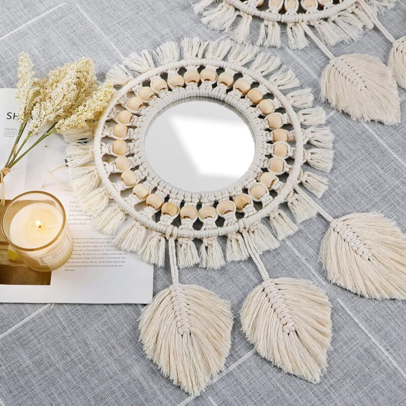Boho Macrame Fringe Wall Mirror with Wood Beads Feather Pendant Round Wall Art Mirror for Bedroom Hallway Living Room Home Decor (Beige) - Image 2
