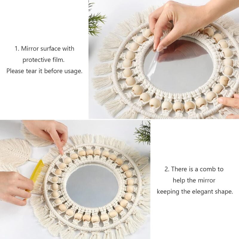 Boho Macrame Fringe Wall Mirror with Wood Beads Feather Pendant Round Wall Art Mirror for Bedroom Hallway Living Room Home Decor (Beige) - Image 3
