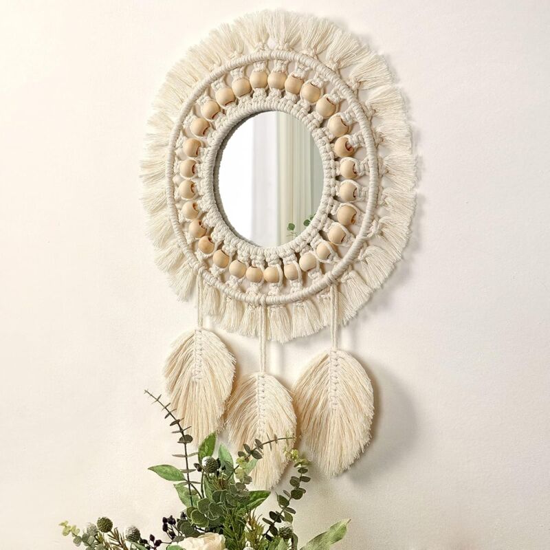 Boho Macrame Fringe Wall Mirror with Wood Beads Feather Pendant Round Wall Art Mirror for Bedroom Hallway Living Room Home Decor (Beige) - Image 4