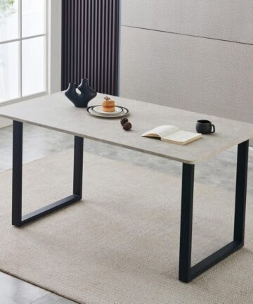 AINPECCA 150cm Dining Table- Rectangle Marble Effect Beige Top with U Shape Metal Black Legs for 4-6 Seaters Home Kitchen