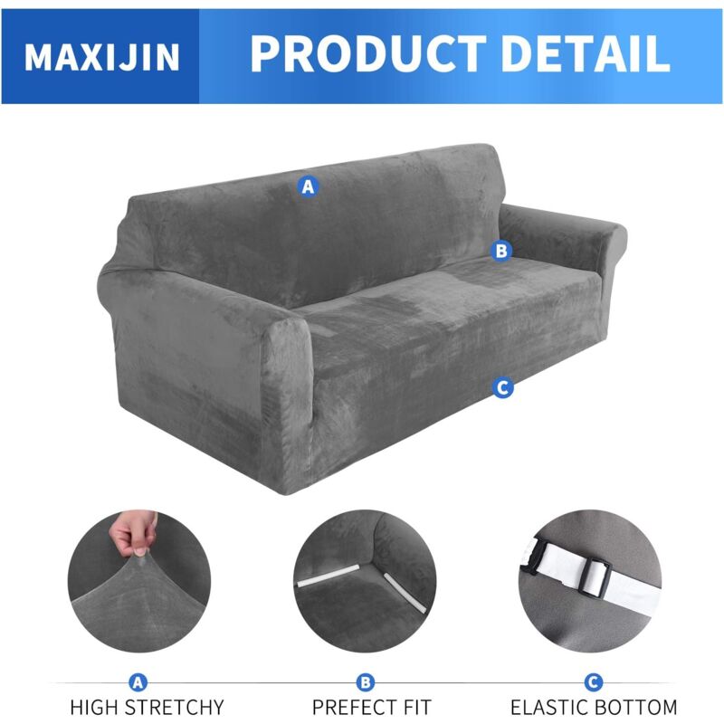3 Seater, Grey Thick Velvet Sofa Cover Super Stretch for Dogs Cat Pet Friendly 1-Piece Elastic Plush Furniture Protector - Image 3