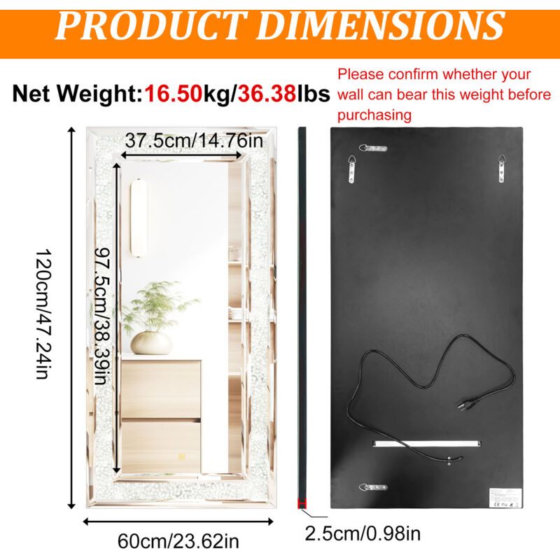 LUVODI Large Sparkling Crystals Diamond Embedded Venetian Wall Mirror with RGB Lighting - Image 3