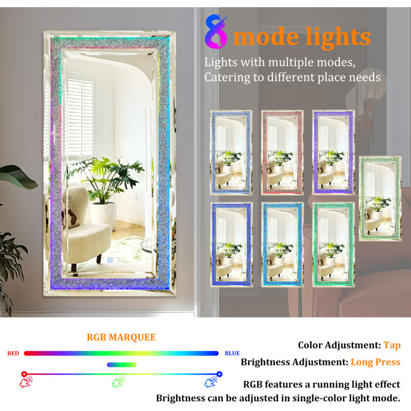 LUVODI Large Sparkling Crystals Diamond Embedded Venetian Wall Mirror with RGB Lighting - Image 4