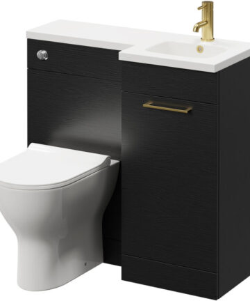 Napoli Combination Nero Oak 900mm Vanity Unit Toilet Suite with Right Hand L Shaped 1 Tap Hole Round Basin and Single Door with Brushed Brass Handle
