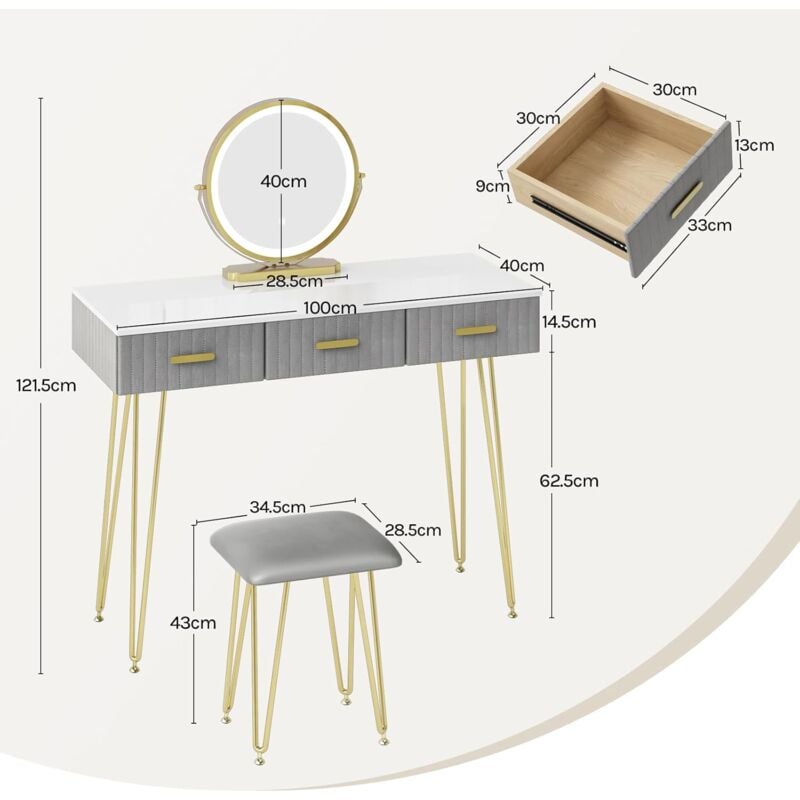 WOLTU Dressing Table with Stool, Drawer Storage Cabinet, Bedroom Vanity, Dresser Table + 3 Colours LED Light, White+Golden+Grey - Image 2