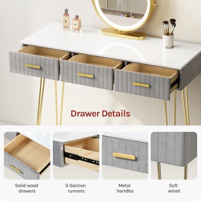 WOLTU Dressing Table with Stool, Drawer Storage Cabinet, Bedroom Vanity, Dresser Table + 3 Colours LED Light, White+Golden+Grey - Image 3
