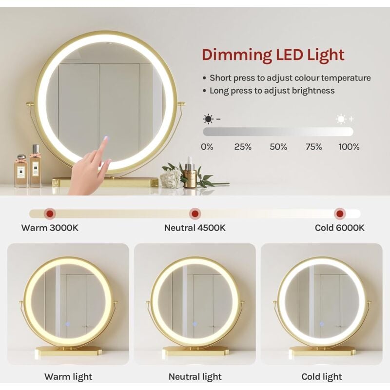 WOLTU Dressing Table with Stool, Drawer Storage Cabinet, Bedroom Vanity, Dresser Table + 3 Colours LED Light, White+Golden+Grey - Image 4