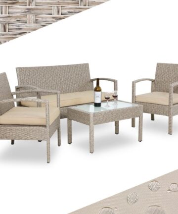 CASARIAÂ® 7pc Weatherproof Polyrattan Garden Furniture Set Suitable for up to 4 People Outdoor Patio Seating Group with 2 Armchairs, Bench, 3 Cushions, & Frosted Glass Top Table Cream