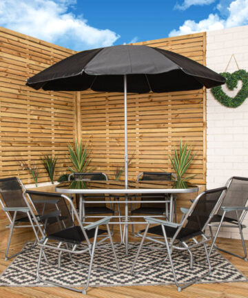 6 Person Garden Furniture Patio Set Table, 6 Chairs & Parasol with Black Glass