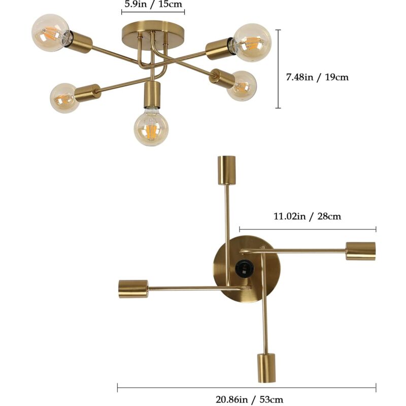 GOECO Industrial ceiling chandelier, 5 lights E27 Ceiling lighting in metal, gold ceiling light, retro ceiling lamp for living room kitchen dining room bedroom - Image 4