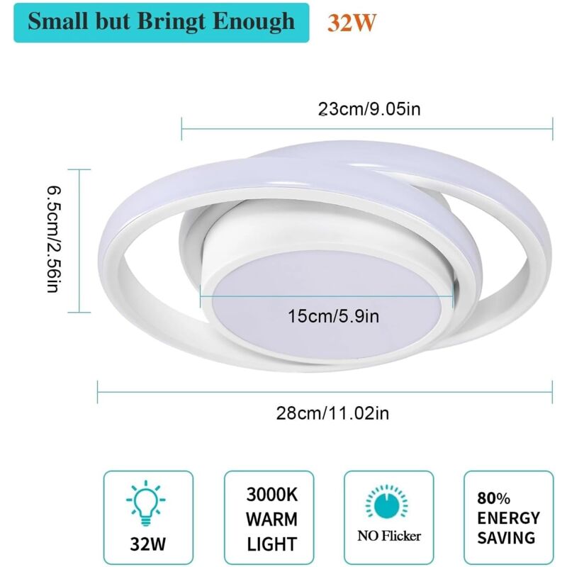 GOECO LED Ceiling Light Modern White, Double Circle Design, 32W 3000LM Warm White 3000K for Bedroom Hallway Kitchen Balcony (27x22x6 cm) - - Image 2