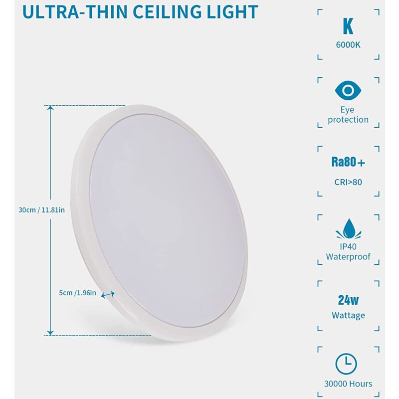 GOECO Round LED Ceiling Light, Ceiling Lamp for Bathroom, IP54 Waterproof 6500K Cool White, Modern Ceiling Light Fixture for Bathroom Bedroom Kitchen Living Room Balcony 24W Diameter 30cm - Image 4