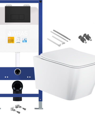 Gloss White Rimless Square Wall Hung Toilet with 1.10m Concealed Cistern Frame Set - Matt Black Plate