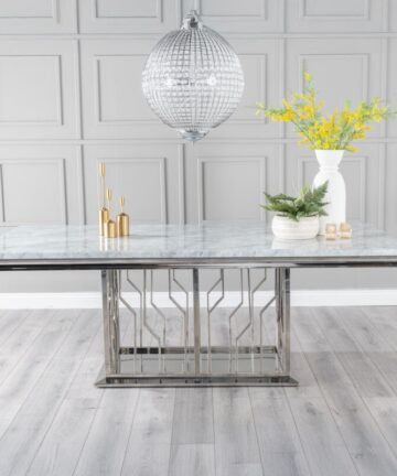 Verona 8 Seater Grey Marble and Chrome Dining Table with Artistic Base - 220cm