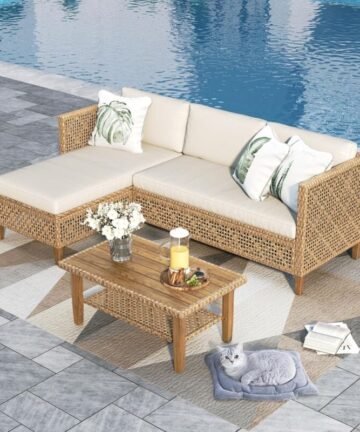 PHI VILLA 3 Pieces Rattan Garden Furniture with Outdoor Coffee Table, L Shaped Patio Wicker Corner Sofa Sectional Furniture Set with Thickened Cushions and Pillows Beige