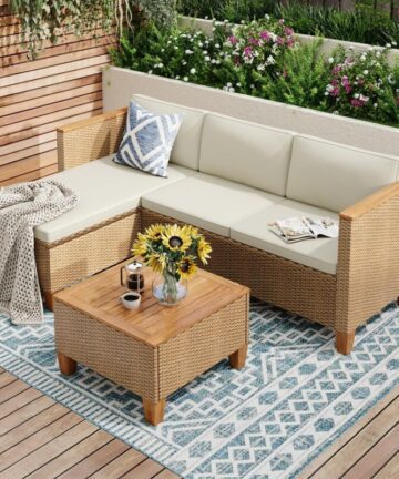 PHI VILLA Rattan Garden Furniture 3 Pieces with Outdoor Coffee Table, L Shaped Patio Wicker Corner Sofa Sectional Furniture Set with Thickened Cushions and Pillows for Balcony Backyard Porch, Beige