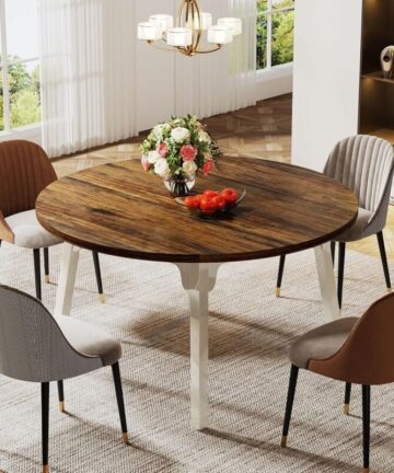 Tribesigns 120cm Round Dining Table for 4-6 - Farmhouse Kitchen Table with Solid Wood Legs, Multi-Panel Tabletop, Vintage Style Dinner Table for Small Spaces, White & Rustic Brown