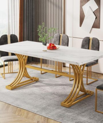 Tribesigns Modern Dining Table, 160 x 80cm, White and Gold, Faux Marble Top, Metal Legs, Accommodates 4-6 People