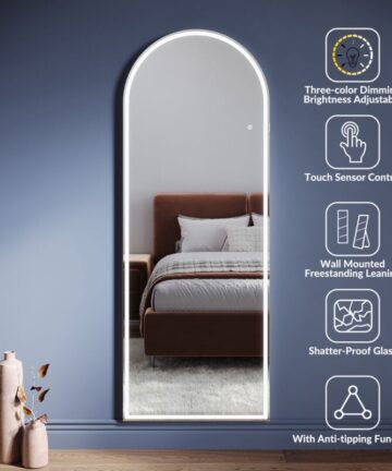 ELEGANT Freestanding Mirrors with Memory Function Dimmable LED 3 Lighting Modes and Built-In Socket, Mirror with Detachable Bracket and Touch Switch, 1600 x 600 x 35mm