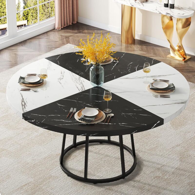 Tribesigns Round Dining Table, 120cm Dining Table for 4-6 People, Dinner Tables With Faux Marble Veneer for Living Room Kitchen, Black White(Only Table) - Image 2