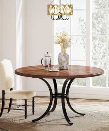 Tribesigns 120cm Round Dining Table for 4-6 People - Farmhouse Kitchen Table with Wooden Texture & Steel Pedestal Base, Multi-Functional Brown Table for Dining Room, Living Room (Table Only)